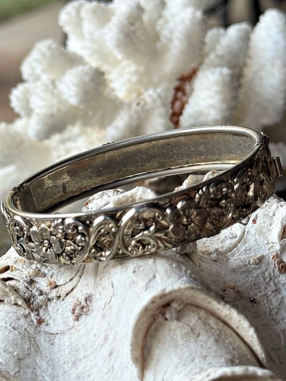 Ornate Victorian Silver-Tone Hinged Bangle Bracelet